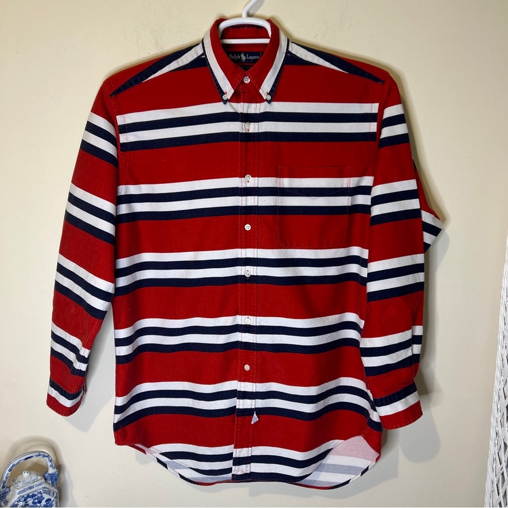 Ralph Lauren Shirt Men’s Medium Red White Blue Stripe Twill Cotton Vintage USA